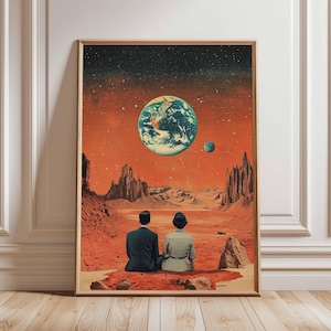 Póster retro de ciencia ficción, decoración cósmica surrealista de los años 70, póster espacial futurista, impresión de paisaje vintage, obra de arte espacial para dormitorio y sala de estar.