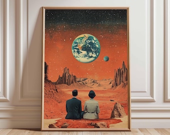 May include: A surrealist digital art print featuring a couple sitting on a red, rocky landscape with a large, blue and green Earth in the sky. The couple is wearing suits and looking up at the Earth. There is a smaller, red planet in the sky.