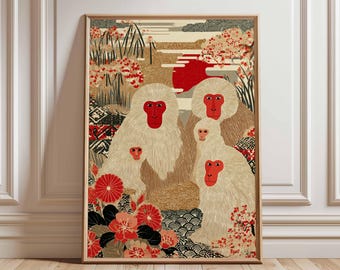 Japanese Macaque Poster, Snow Monkey Cherry Blossom Print, Oriental Wall Art