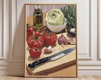 Lámina artística de naturaleza muerta con tomate / Decoración rústica para la pared de la cocina