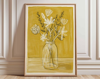 Floral Line Drawing Print, Mustard Yellow Scandinavian Wall Art