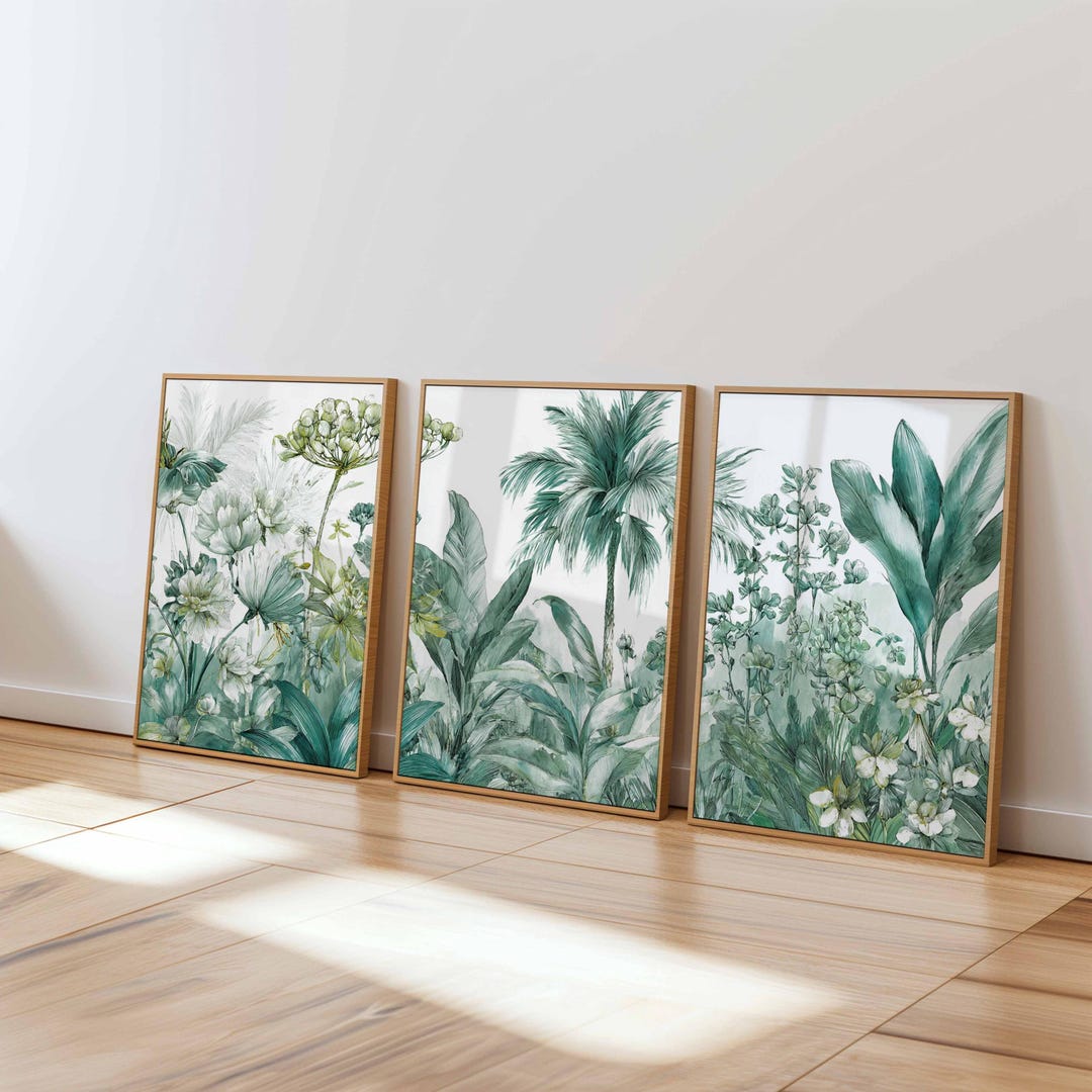 Tropical Botanical Wall Art Prints Set of 3, Green Palm Leaf and Jungle ...