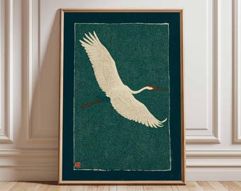 Crane Poster, Japanese Minimalist Bird Wall Art Print, Modern Zen Nature Artwork, Elegant Flying Crane Decor, Asian Home Print