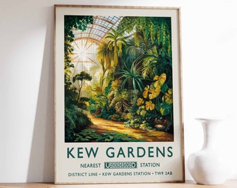 May include: A framed print of Kew Gardens, depicting a colourful botanical scene. The artwork shows a greenhouse interior with various plants, a path, and the text "Kew Gardens" at the bottom.