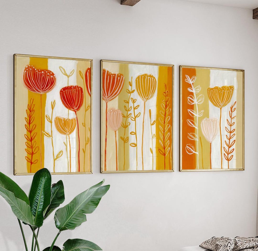 Yellow Orange Botanical Wall Art Posters Set of 3 | Abstract Floral ...