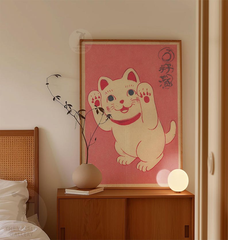 Lucky Cat Poster | Maneki Neko Minimal Art | Japanese Good Luck Wall ...