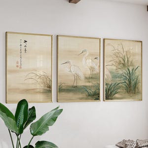 Ensemble de 3 affiches d'art mural de style aquarelle asiatique Heron Marsh