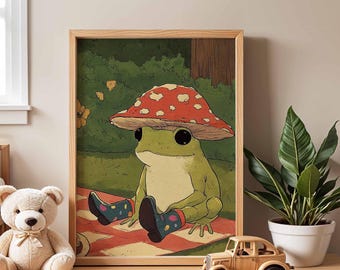 Frog with Mushroom Hat Nursery Poster | Whimsical Animal Print