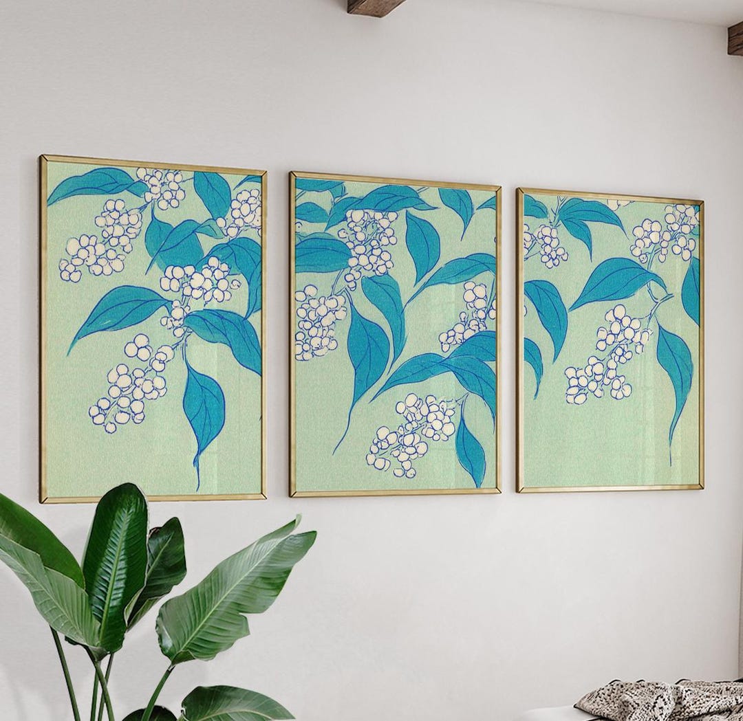 Japanese Floral Botanical Posters | Blue Green Nature Wall Art | Set of ...