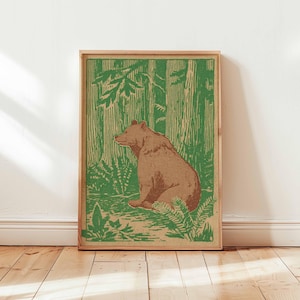 Bear Forest Wall Art, Vintage Wildlife Poster, Rustic Cabin Print, Woodland Animal Decor, Outdoor Brown Bear Artwork, Wilderness Lodge Style