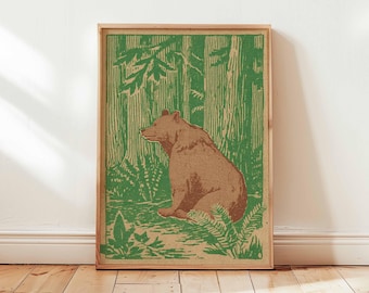 Vintage poster berenbos, rustieke muurkunst hut