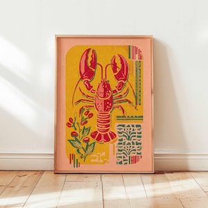 Lobster Poster, Coastal Kitchen Posters, Nautical Wall Print, Seafood Art Print, Beach House Decor, Ocean Life Gift