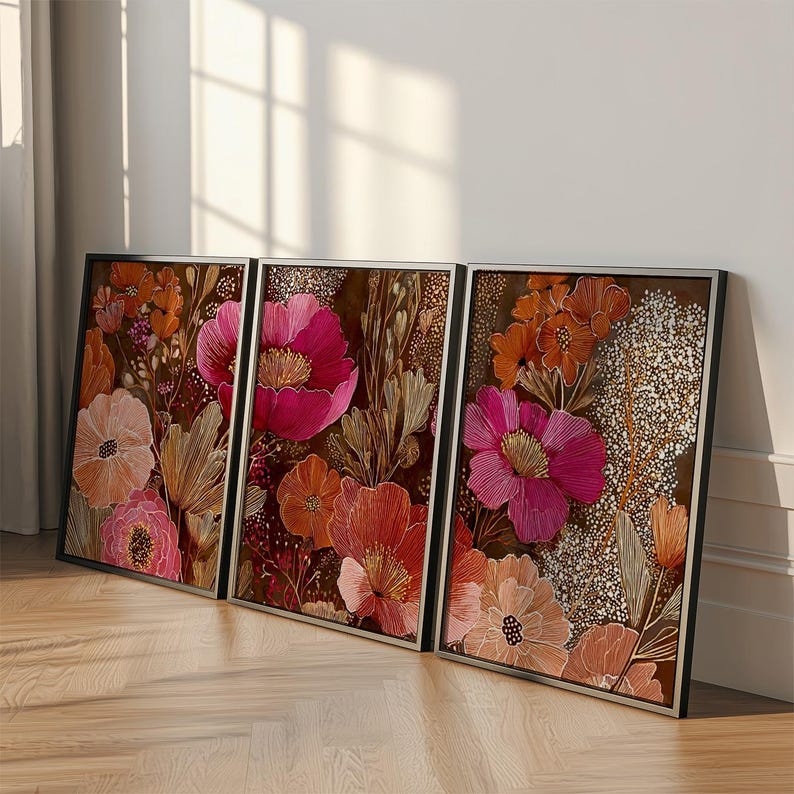 Dark Floral Wall Art Set | Vintage Botanical Flower Triptych Posters ...