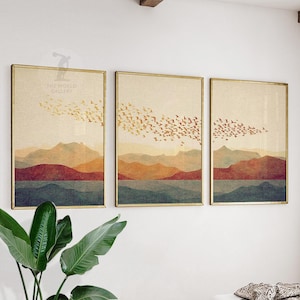 Conjunto de 3 cuadros decorativos de montaña al atardecer / Bandada de pájaros sobre colinas / Paisaje minimalista / Decoración de pared en tonos tierra cálidos para sala de estar