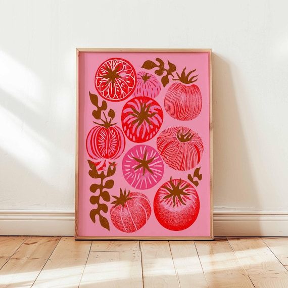 Folk Art Tomato Print, Bohemian Kitchen Decor, Maximalist Foodie