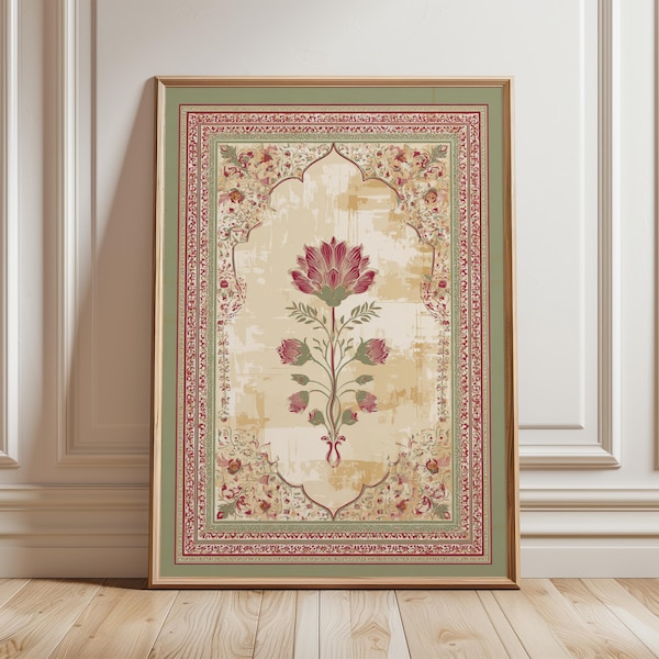 Mughal Floral Arch Print, Indian Wall Art, Oriental Botanical Poster, Jaipur Palace Fresco Design, Heritage Home Decor
