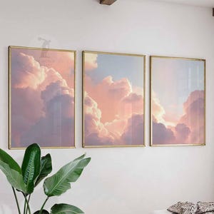 Conjunto de 3 impressões de arte de parede de nuvens, pôsteres de céu do pôr do sol, decoração de parede moderna inspirada na natureza para sala de estar
