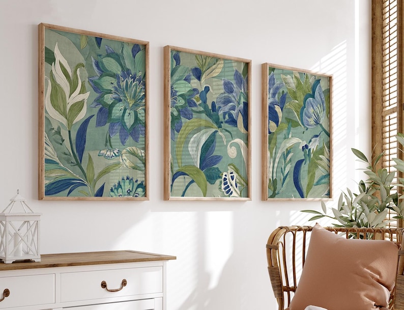 Blue Green Botanical Wall Art Posters Set of 3 | Floral Nature Prints ...