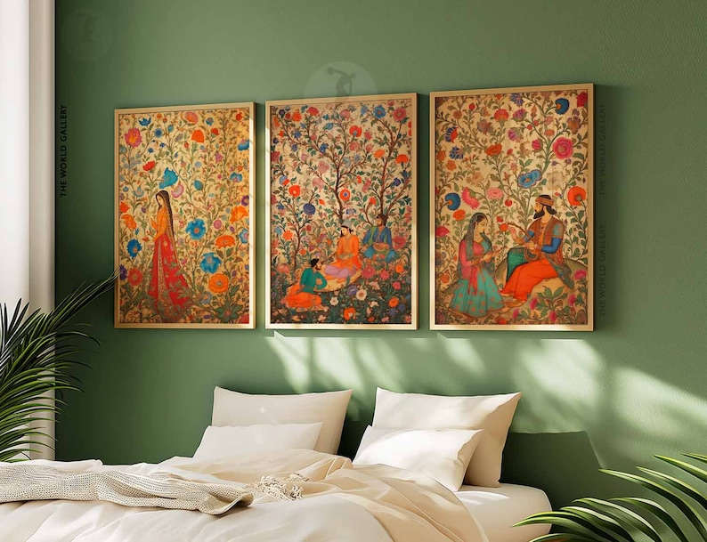 May include: Three framed prints with intricate floral designs and figures in traditional clothing. The prints feature vibrant colors and detailed artwork, depicting scenes from a Mughal garden.
