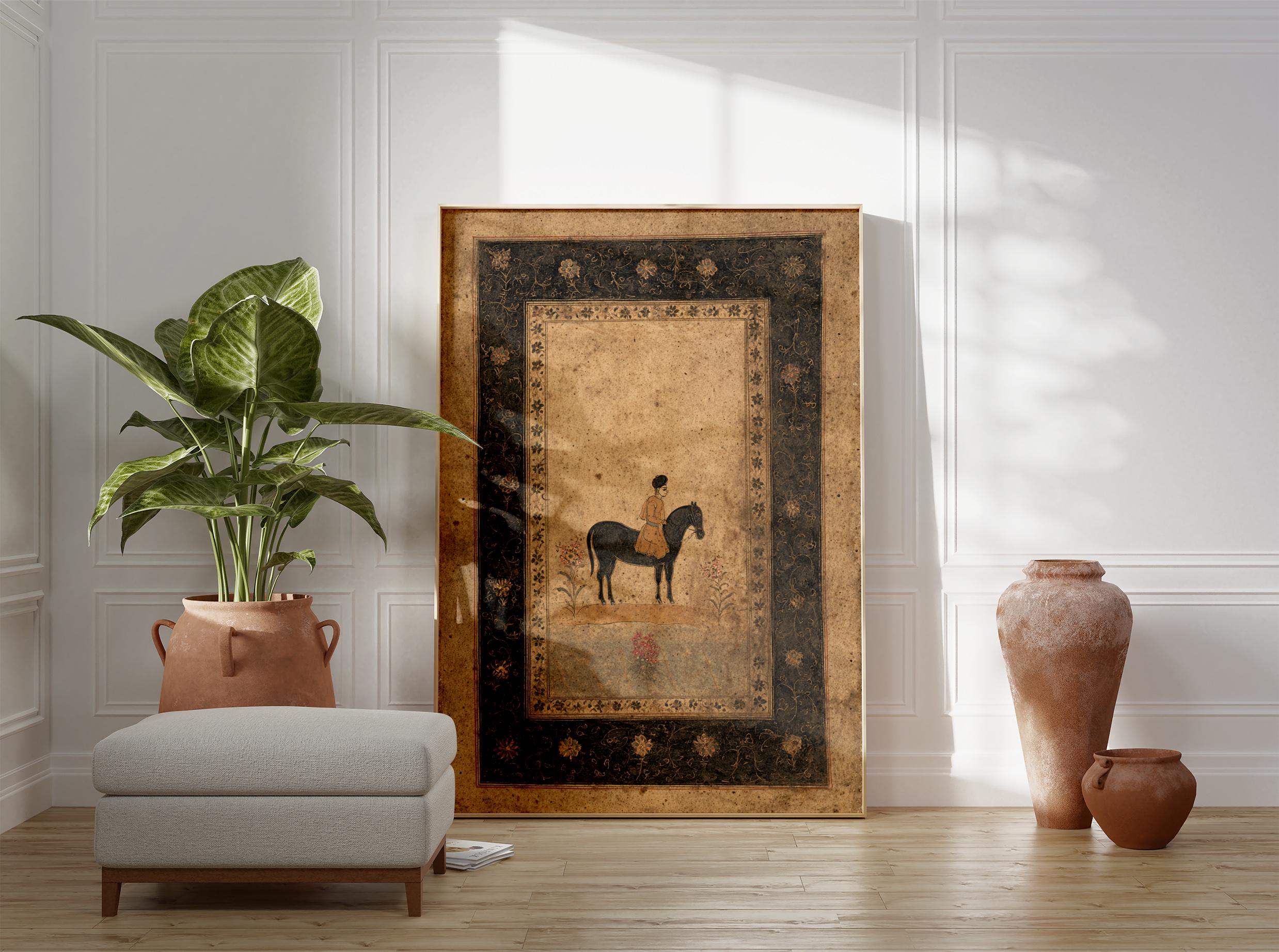 Indian Miniature Horse Rider Art Print, Mughal Heritage Wall Art