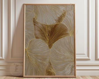 Gold Leaf Line Art Print | Taupe Botanical Wall Decor