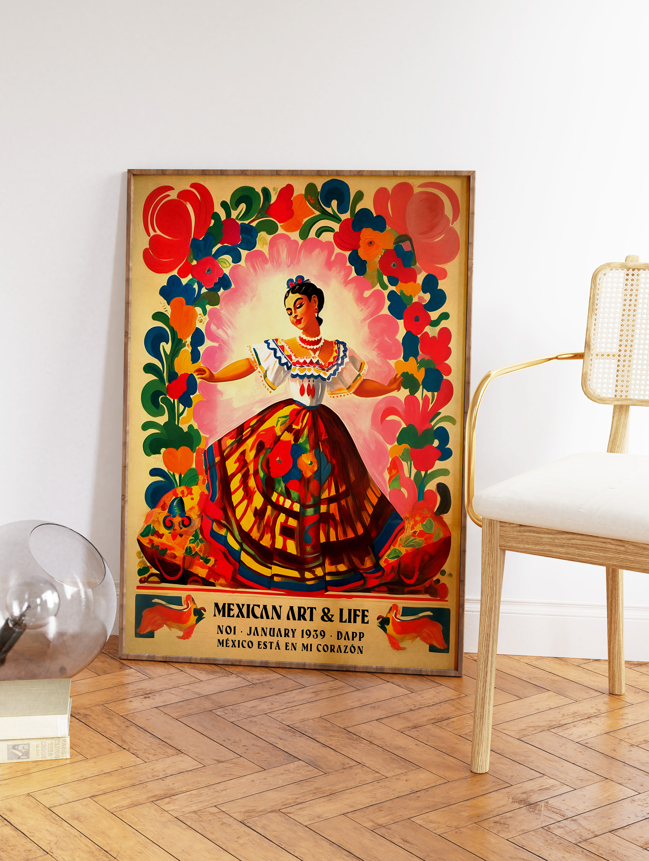 Oaxaca colorful flowers mexican style blue embroidery Poster by T-Mex