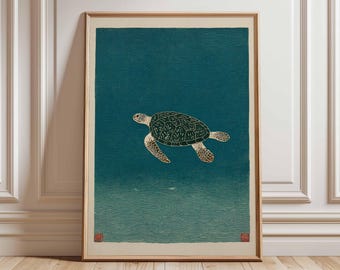 Sea Turtle Poster, Japanese Minimalist Ocean Art Print, Retro Marine Wall Art, Mid Century Animal Decor, Coastal Vintage Poster Design