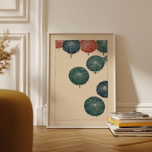 Poster botanique parapluie, dessin au trait japonais dans les tons vert et rouille