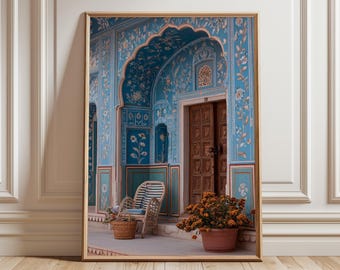 Blue Jaipur Courtyard Print, Indian Floral Architecture, Boho Wall Art
