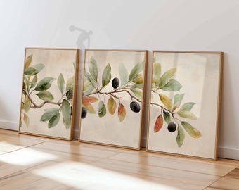 Olive Branch Print Set, Botanical Wall Art, Mediterranean Decor