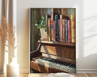 May include: A painting of a vintage piano with a bookshelf above it. The bookshelf is filled with colorful books and a potted plant. The piano has a wooden frame and ivory keys. The painting is done in a realistic style and has a warm, inviting feel.