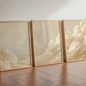 Beige Clouds Bedroom Wall Art Set of 3 Prints, White Clouds Beige Sky Posters, Vintage Home Decor, Set of 3 Large Poster Art, Bedroom Decor