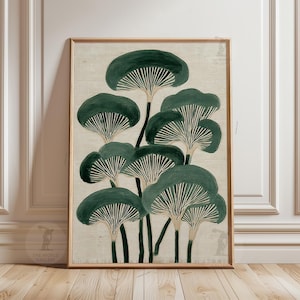 May include: A framed botanical print featuring a cluster of stylized green mushrooms with white linear details against a neutral background. The artwork is in a wooden frame, adding a touch of natural elegance to the decor. The World Gallery logo is in the bottom left corner.