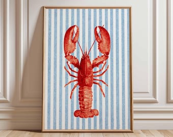 Nautical Lobster Art Print – Red Lobster Poster with Blue Stripes, Coastal Kitchen Wall Decor, Beach House Nautical Artwork