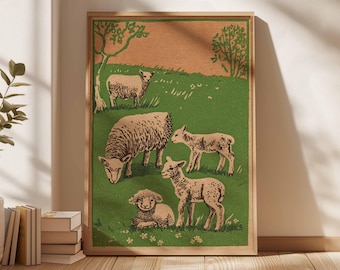 Sheep Farmhouse Print, Vintage Rustic Farm Animal Wall Art