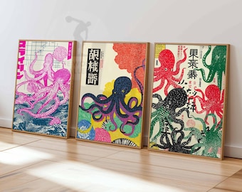 Japanese Octopus Art Print Set | Retro Ukiyo-e Marine Decor
