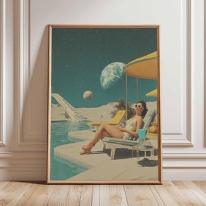 Póster retro de ciencia ficción, decoración cósmica surrealista de los años 70, póster espacial futurista, impresión de paisaje vintage, obra de arte espacial para dormitorio y sala de estar.
