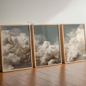 Juego de 3 impresiones de arte de pared con nubes para dormitorio, pósteres de nubes blancas y cielo beige, decoración vintage para el hogar, juego de 3 pósteres grandes, decoración de dormitorio