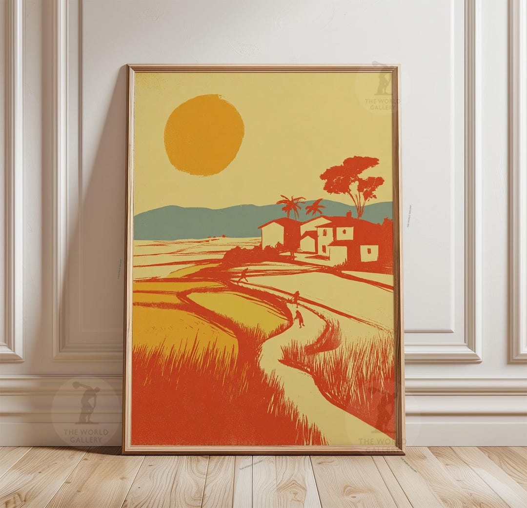 Rice Field Landscape Poster | Vintage Countryside Farming Illustration ...