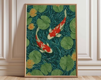 Lámina artística japonesa con estanque de peces koi y flor de loto, decoración zen para el hogar.