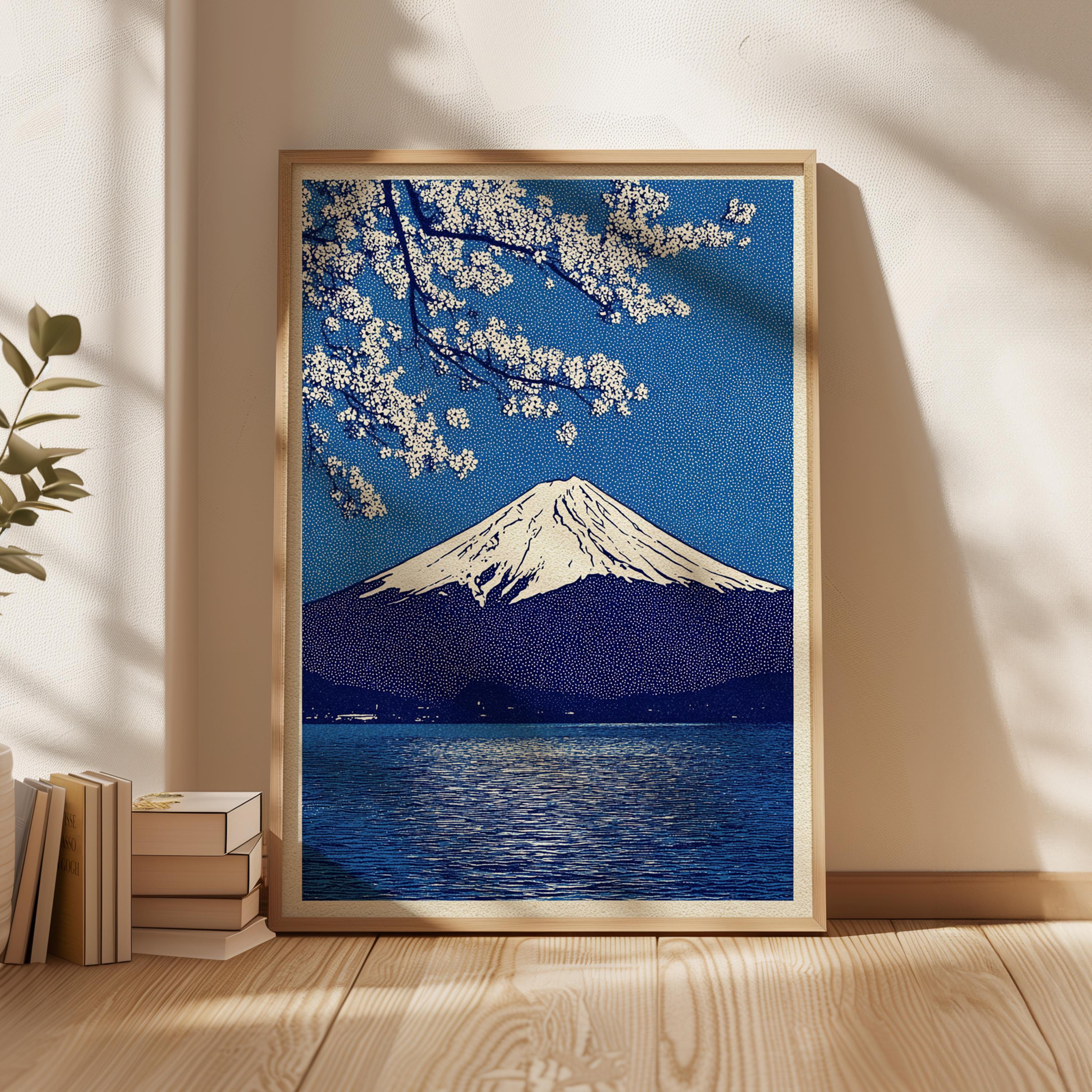 Mount Fuji Art Print, Japanese Ukiyo-e Landscape, Blue Sakura