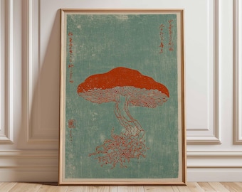 Impresión de arte mural de hongos japoneses, póster botánico vintage, ilustración minimalista de hongos, decoración rústica de cocina, obra de arte de hongos japoneses