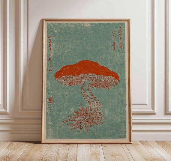 Japanese Mushroom Wall Art Print, Vintage Botanical Poster, Minimalist Fungi Illustration, Rustic Kitchen Decor, Japanese Mushroom Artwork