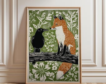 May include: Framed art print featuring a black crow and a fox perched on a branch. The fox has orange and white fur, while the crow is solid black. The background is a green floral pattern. The artwork is displayed in a wooden frame.