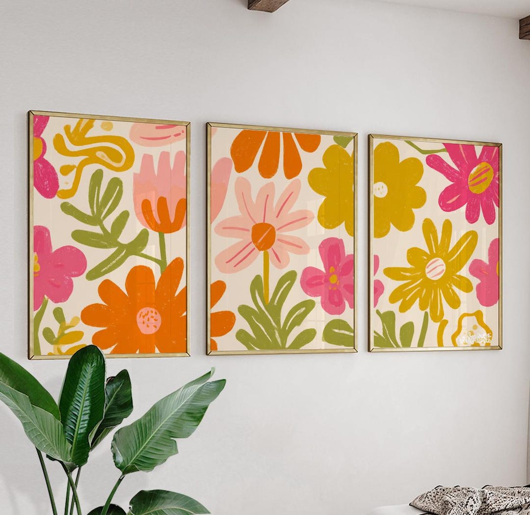 Colorful Floral Wall Art Set | Retro Flower Triptych Posters | 3 Piece ...
