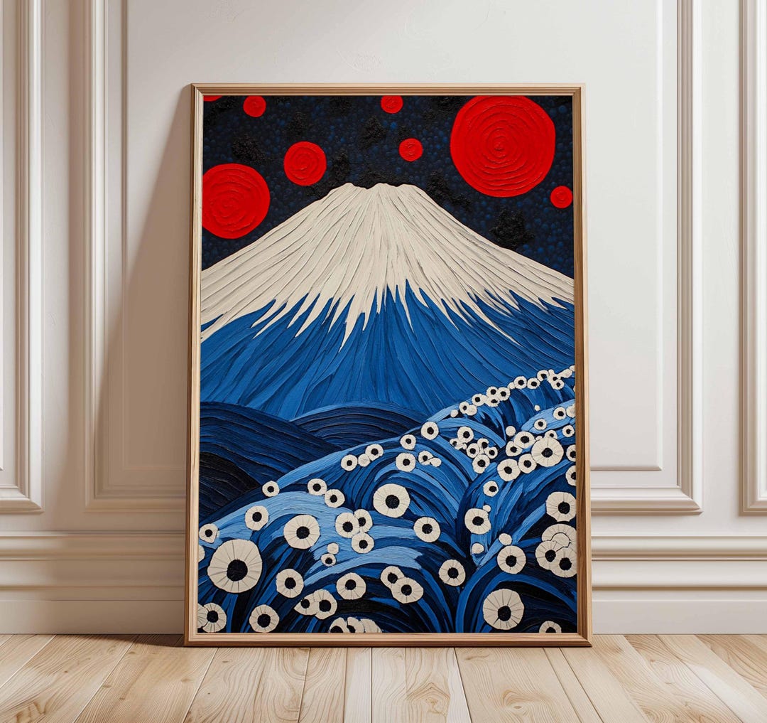 Japanese Wall Art Print, Mt Fuji Poster With Moon and Flowers, Modern ...