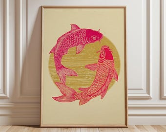 Japanese Koi Fish Art Print, Vintage Ukiyo-e Style Poster