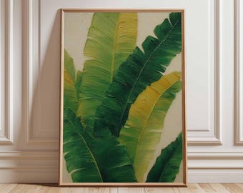 May include: A framed artwork showing a close-up of banana leaves in green and yellow hues. The leaves have a textured, painted look, set against a neutral background. The artwork is presented in a wooden frame.