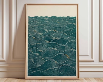 Japanese Ocean Wave Print, Minimalist Sea Wall Art, Zen Japandi Poster, Tranquil Water Artwork, Oriental Home Decor, Modern Calm Design