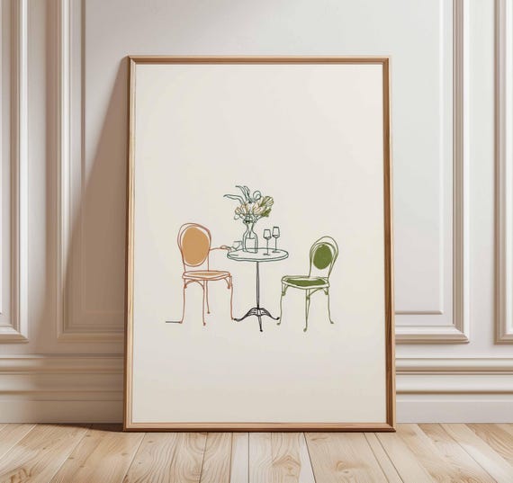 Cafe Wall Art Print, Minimalist Line Drawing Poster, Bistro Table and Chairs Illustration, Modern Parisian Decor, Elegant Dining Artwork